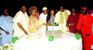 Governor State of Osun Ogbeni Rauf Aregbesola and his wife Sherifat Middle Deputy Governor Titi Laoye Tomori 3rd left Chairman of Osun State Christian Association of Nigeria OSCAN Rev'd Michael Okodua (3rd right); Bishop Osun Anglican diocese, Rev'd James Popoola (2nd right), State Chairman of All progressive Congress (APC) Prince Gboyega Famodun (2nd left); Chairman of MicCom Cables and Wires Limited and MicCom Golf Hotels and Resorts, Prince Tunde Ponnle (left) and others