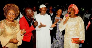 Osuns Gov Rauf Aregbesola middle his wife Sherifat 2nd right Evangelist Dunni Olanrewaju right Deputy Governor Mrs Titi Laoye Tomori left and Apotte Timi Orokoya during the event