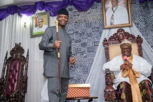 Acting President Yemi Osinbajo was given a Staff of Office for the Honorary Chieftaincy from the Obong of Calabar at his palace during a courtesy visit on his arrival in Calabar to continue the Niger Delta Dialogue and the launch of MSME Clinics in Calabar