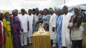 Mrs Joyce Belema Sanusi joined by Husband Dotun Deputy Governor Moses Adeyemo and other well wishers to cut the her birthday anniversary cake