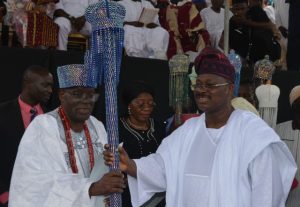 L R Balogun of Ibadanland Oba Owolabi Olakulehin and the Governor of Oyo State Senator Abiola Ajimobi