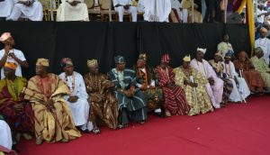 A cross section of baales in Ibadanland who were elevated to obas by the Governor Senator Abiola Ajimobi during the event