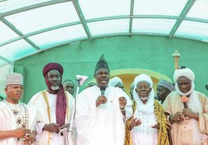 Governor Ibikunle Amosun of Ogun State in Abeokuta with Islamic clerics during the prayer session
