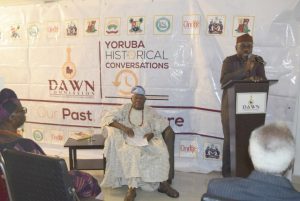 Mr Seye Oyeleye, the Acting Director, DAWN Commission, right, delivering his speech at the event...