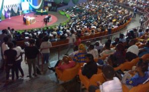 Professor Abiodun Salami delivering her lecture to an unusually filled up Oduduwa Hall