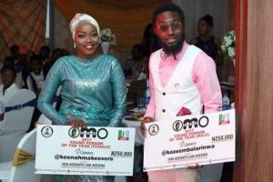 Winners of the 2017 Omoolore Young Person of the Year Sekinat Ogunsesan and Kazeem Bolarinwa displaying their prizes