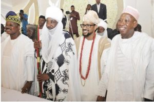 L R Senator Abiola Ajimobi The Emir of Kano the Groom and Governor Abdullahi Ganduje