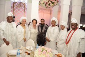 Groom's mother, Chief Florence Ajimobi; Groom, Idris; Bride, Fateemah; Wife of the President, Mrs. Aisha Buhari; and Groom's father, Governor Abiola Ajimobi of Oyo State…