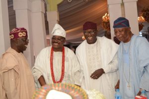 L R National Leader of the All Progressives Congress Asiwaju Bola Tinubu Groom's father, Governor Abiola Ajimobi of Oyo State; Minister of Mines and Steel Development, Dr. Kayode Fayemi; and an industrialist, Sir Kesington Adebutu