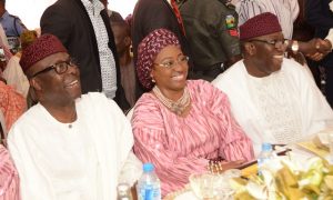 L R A former Governor of Ekiti State Chief Niyi Adebayo Wife of Minister of Mines and Steel Development Erelu Bisi Fayemi and the minister Dr Kayode Fayemi
