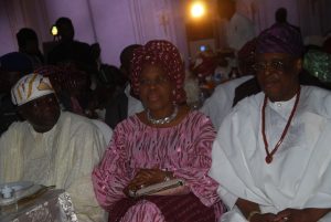 L R A former Governor of Osun State Chief Olagunsoye Oyinlola Wife of a former Governor of Ogun State Chief Derin Osoba and her husband Aremo Olusegun Osoba at the reception