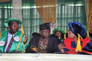 From left Deputy Vice Chancellor Technical University Ibadan Prof Adesola Ajayi former governor of Osun State Prince Olagunsoye Oyinlola