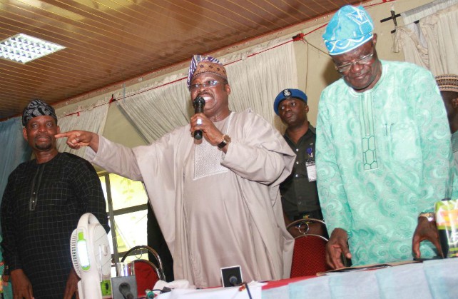 L R Oyo South Senatorial District Chairman of the All Progressives Congress Mr Adefioye Adekanye Senator Abiola Ajimobi and state Chairman of the party Chief Akin Oke during the party's meeting, held at Lafia Hotel, Ibadan... on Monday…