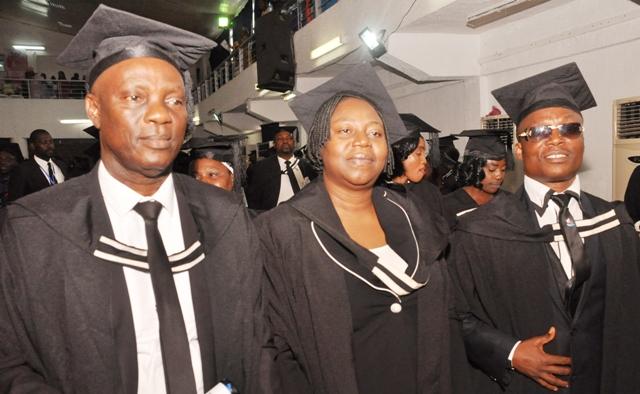 L-R: Mr Wole Efunnuga, Mrs Oyinlola Olatunji and Mr Wale Ojo-Lanre during their graduation as law students from the university…Photo: Dare Alesinloye