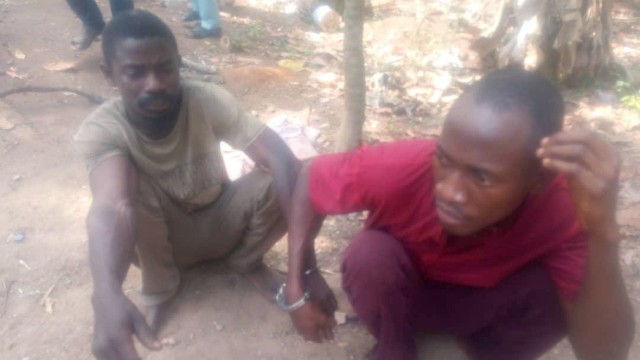 Felix Arize and Ogbodo Onomehthe two suspects arrested in connection with the Ekiti ritualists' den...