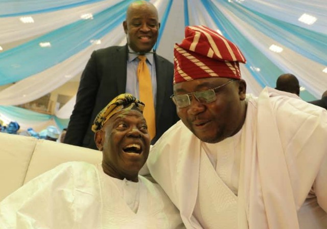 The celebrant Chief Bisi Akande left with APC's gubernatorial candidate in Oyo State, Chief Adebayo Adelabu...
