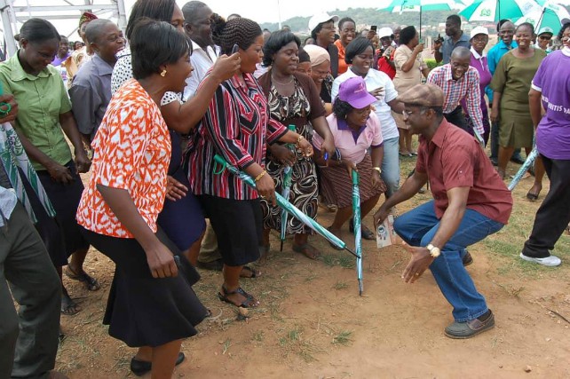 Professor Otegbayodancing with UCH staff members in 2012 as CMAC and Director of Clinical Services of the institution