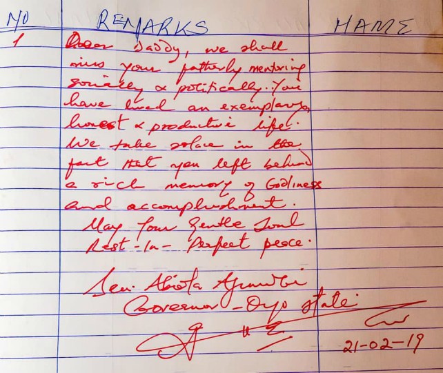 what Senator Abiola Ajimobi wrote on the condolence register
