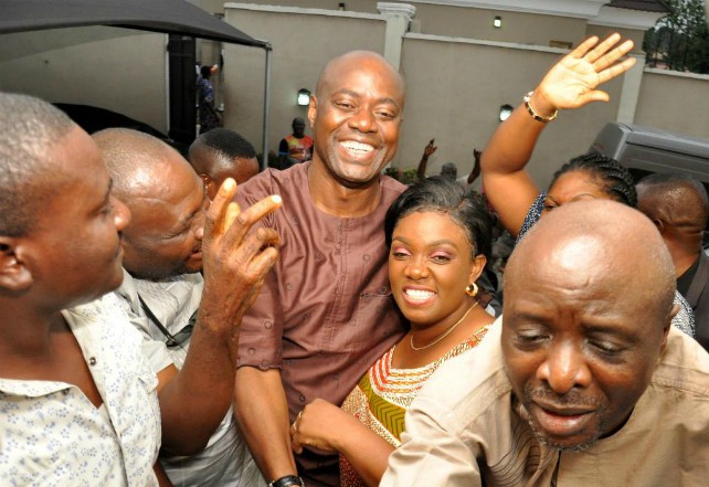 ...Engr Seyi Makinde, with wife, Omini, in festive moods after the announcement...