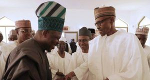 Photo: When Amosun, Others Joined Buhari To Observe Juma’at In Abuja ...President Buhari, right, exchanging pleasantries with Governor Ibikunle Amosun while others look on...