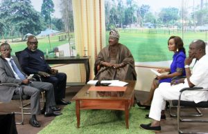 Democracy Day: Ajimobi Fields Questions From Media Executives L-R: Editor, Sunday Tribune, Mr. Sina Oladeinde; Chief Executive Officer, Jamz FM, Ibadan, Mr. Femi Sowooolu; Oyo State Governor, Senator Abiola Ajimobi; Moderator of the programme and presenter with the Broadcasting Service of Oyo State Television, Mrs. Temitope Oke; and General Manager, Petals FM, Ibadan, Mr. Dotun Saseyi, during the governor's media interactive session at the BCOS to mark this year's Democracy Day, in Ibadan...