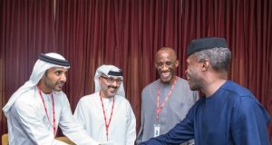 Photo: When Etisalat Topshots Visited Osinbajo …from the right…Ag. President Yemi Osinbajo; Chairman Etisalat Nigeria - Mr Hakeem Bello-Osagie; Deputy CEO Etisalat, Waheed Al-Muhari and Dir. of Mubadala Dev Company (Sovereign Wealth Fund of the Government of Dubai), Kahled Al-Qubaisi during the meeting…