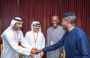 Photo: When Etisalat Topshots Visited Osinbajo …from the right…Ag. President Yemi Osinbajo; Chairman Etisalat Nigeria - Mr Hakeem Bello-Osagie; Deputy CEO Etisalat, Waheed Al-Muhari and Dir. of Mubadala Dev Company (Sovereign Wealth Fund of the Government of Dubai), Kahled Al-Qubaisi during the meeting…