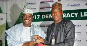 Again, Ajimobi Speaks About Successor, Says Only God Ordains, Dethrones Zonal Director, Radio Nigeria Ibadan Network Centre, Mr Muhammed Bello (right), presenting an Award to Oyo State Governor, Senator Abiola Ajimobi