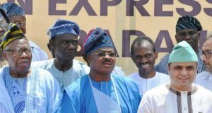 When Gov Ajimobi Unveiled Transformation Industrial Park Project From the left, Ambassador Olusola Sanu, Chairman, Chamber of Commerce and Industries, Mr Olaitan Alabi, Oyo State Governor, Senator Abiola Ajimobi, Group Managing Director, Oodua Investment Company, Mr Wale Raji and Vice Chairman, Manufacture Association of Nigeria, Mr Vikroam Gursahanei at the event…