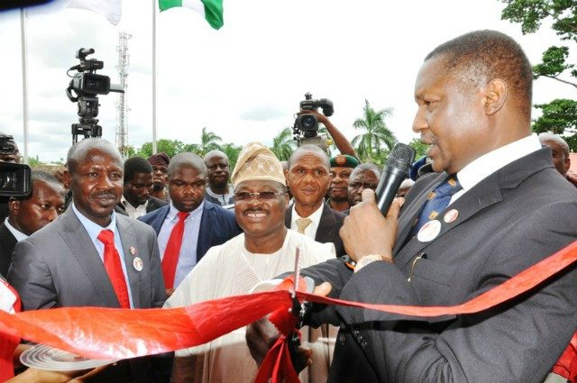 …From the right, Attorney-General of the Federation and Minister of Justice, Abubakar Malami, Oyo State Governor, Senator Abiola Ajimobi and Acting Chairman, Economic and Financial Crimes Commission (EFCC), Ibrahim Magu during the Official commissioning of the Ibadan Zonal Office and Stakeholders Engagement Session at Iyaganku GRA, Ibadan, Oyo State…