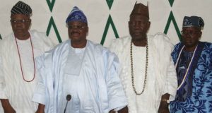 Complaints Over Conferment Of Chieftaincy Titles: Olubadan To Lekan Balogun, Others: Wait For Your Turn ...from the left: Senator (Chief) Lekan Balogun, Gov Ajimobi, the Olubadan, Oba Saliu Adetunji and Chief Owolabi Olakulehin...will Ajimobi be able to precipitating storm in Ibadanland?
