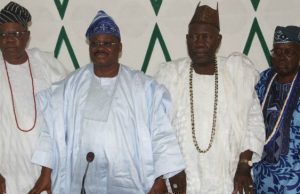 Complaints Over Conferment Of Chieftaincy Titles: Olubadan To Lekan Balogun, Others: Wait For Your Turn ...from the left: Senator (Chief) Lekan Balogun, Gov Ajimobi, the Olubadan, Oba Saliu Adetunji and Chief Owolabi Olakulehin...will Ajimobi be able to precipitating storm in Ibadanland?