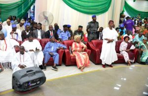 Photo: Ooni, Alaafin, Others Grace Aregbesola’s 60th Birthday Colloquium From the left: The Ooni of Ile-Ife, Oba Adeyeye Ogunwusi Enitan; Speaker of the Osun House of Assembly, Hon. Najeem Salam; Former National Leader of All Progressive Congress (APC), Chief Bisi Akande; Deputy Governor, Mrs Titi Laoye-Tomori; Governor Rauf Aregbesola of Osun, his wife, Sherifat; the Alaafin of Oyo, Oba Lamidi Adeyemi and others, during event held at De-Distinguished Event Centre, Osogbo on Thursday