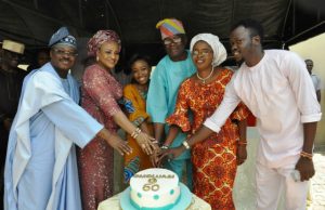Ajimobi, Wife, Celebrate Yomi Layinka @ 60 From left: Gov Abiola Ajimobi of Oyo state, his wife, Florence, celebrant’s daughter, Niniola, celebranthis wife, Bisi and son, Olufela…