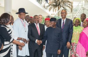 Nigerian Industrial Policy and Advisory Council Competitiveness Council Inaugurated By Osinbajo L-R: Acting SGF, Dr. Habibat Lawal; Min of State Industry, trade and Investment, Aisha Abubakar; Hon. Min of Industry, trade and Investment Okechukwu Enelamah; Acting President Yemi Osinbajo, SAN; Alhaji Aliko Dangote; Atedo Peterside, Chairman ANAP Business Jets Ltd; and M.D/CEO Emzor Pharmaceutical, Stella Okoli and members of the Advisory Council…