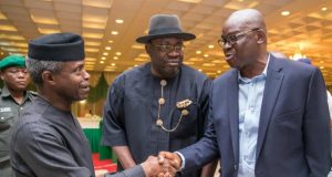 Photo: When Fayose Met Osinbajo Inside Aso Rock, Abuja ...Prof Yemi Osinbajo, left, in a warm handshake with Ekiti's Gov Fayose...Governor Seriake Dickson of Bayelsa State looks on...