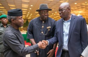 Photo: When Fayose Met Osinbajo Inside Aso Rock, Abuja ...Prof Yemi Osinbajo, left, in a warm handshake with Ekiti's Gov Fayose...Governor Seriake Dickson of Bayelsa State looks on...