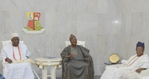 Olubadan Chieftaincy Law Review: Olubadan, High Chiefs Back Ajimobi L-R: Olubadan of Ibadanland, Oba Saliu Adetunji; Oyo State Governor, Senator Abiola Ajimobi; and Otun Olubadan, Dr. Lekan Balogun, during a meeting with the governor where the council members endorsed the proposed Olubadan chieftaincy law review, at the Governor's Office, Ibadan... on Wednesday