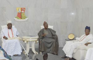 Olubadan Chieftaincy Law Review: Olubadan, High Chiefs Back Ajimobi L-R: Olubadan of Ibadanland, Oba Saliu Adetunji; Oyo State Governor, Senator Abiola Ajimobi; and Otun Olubadan, Dr. Lekan Balogun, during a meeting with the governor where the council members endorsed the proposed Olubadan chieftaincy law review, at the Governor's Office, Ibadan... on Wednesday