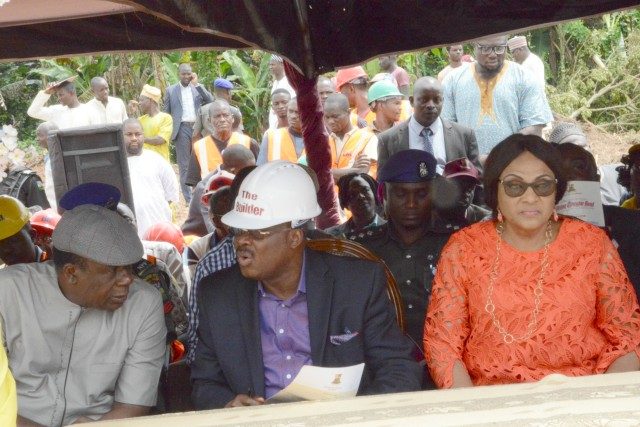 L-R: Oyo State Deputy Governor, Chief Moses Adeyemo; the Governor, Senator Abiola Ajimobi; and his wife, Florence, during the flag-off of the construction of the first phase of Ibadan circular road, at Badeku Village, Off Ibadan-Ile-Ife expressway, Ibadan... on Friday