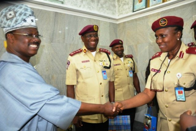 From left, Oyo State Governor, Senator Abiola Ajimobi, Corps Marshal, Federal Road Safety Cooperation, Dr Boboye Oyeyemi and New Sector Commander, Oyo State, Corps Commander Cecilia Alao during the visit…