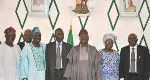 Photo: Ajimobi Inaugurates 4 Other Members Of Ibadan Chieftaincy Panel Governor Abiola Ajimobi (middle) with the new members, from right, Alhaji Bello Onaolapo Oladeji, Dr Lasisi Adedosu Balogun, chairman of the committee Retired Justice Okanola Akintunde Boade, Chief (Mrs) Ayotunde Atinuke Adeyemi and Surveyor Adetunji Adeleke