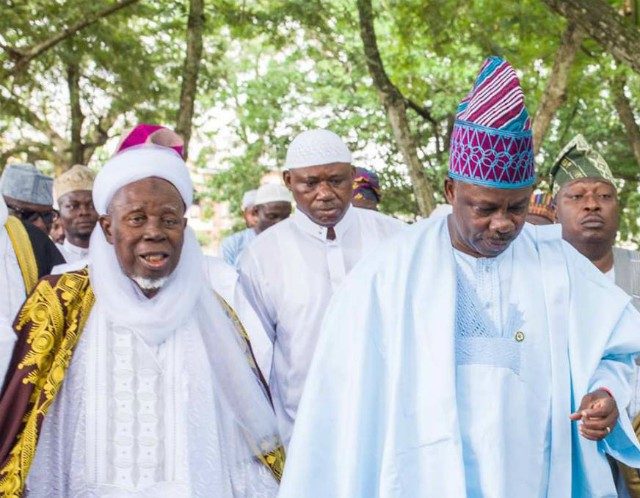 Governor Ibikunle Amosun of Ogun State, right, with the Chief Imam of Egba Land, and other Muslim faithful during the prayer session…