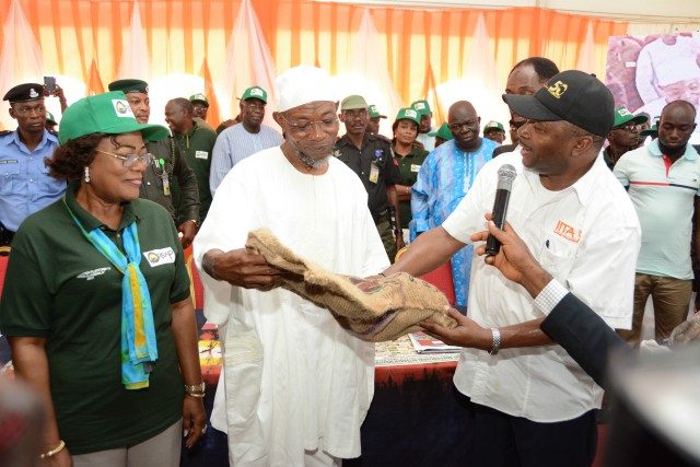 L-R: Deputy Governor, Osun State, Mrs Titilayo Laoye-Tomori; Governor of Osun State, Rauf Aregbesola; and Director General of the International Institute of Tropical Agriculture, Dr Nteranya Sanginga at the commissioning of IITA Research and Training Farm in Ago Owu, Osun State, and donation of seeds to Osun State Government… On Thursday