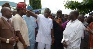 Oyo Government Promises To Support Flood Victims The Oyo State Deputy Governor, Otunba Moses Adeyemo inspecting one of the flood affected areas Ibadan on Wednesday. He is flanked by the Commissioner for Information, Culture and Tourism, Mr. Toye Arulogun (right), The Director-General Physical Planning and Urban Devt. Control, Tpl Waheed Gbadamosi (left) and Caretaker Chairman of Akinyele South LCDA, Mr. Olumide Alli (second left).