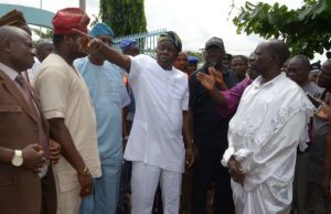 Oyo Government Promises To Support Flood Victims The Oyo State Deputy Governor, Otunba Moses Adeyemo inspecting one of the flood affected areas Ibadan on Wednesday. He is flanked by the Commissioner for Information, Culture and Tourism, Mr. Toye Arulogun (right), The Director-General Physical Planning and Urban Devt. Control, Tpl Waheed Gbadamosi (left) and Caretaker Chairman of Akinyele South LCDA, Mr. Olumide Alli (second left).