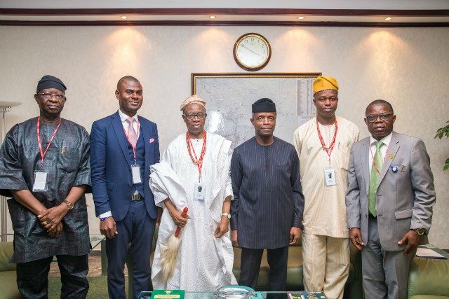 …Acting President Yemi Osinbajo, SAN; the Olowo of Owo, Oba Olateru Olagbegi and other members of the Oba's delegation during the visit…