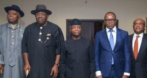 Osinbajo Explains Why FG’s Promoting New Vision For Niger Delta L-R: HRM Amanyanabo of Twon Brass, Alfred Diete-Spiff; Gov. Sarike Dickson of Bayelsa State; The Acting President Yemi Osinbajo; Min. of State Petroleum Dr. Ibe Kachikwu and Mr Ben Okoye, Executive Vice-Chairman of Brass Fertiliser Company at the State House, Abuja on Tuesday…