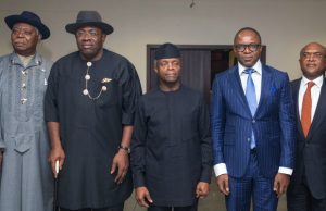 Osinbajo Explains Why FG’s Promoting New Vision For Niger Delta L-R: HRM Amanyanabo of Twon Brass, Alfred Diete-Spiff; Gov. Sarike Dickson of Bayelsa State; The Acting President Yemi Osinbajo; Min. of State Petroleum Dr. Ibe Kachikwu and Mr Ben Okoye, Executive Vice-Chairman of Brass Fertiliser Company at the State House, Abuja on Tuesday…