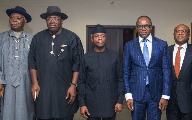 L-R: HRM Amanyanabo of Twon Brass, Alfred Diete-Spiff; Gov. Sarike Dickson of Bayelsa State; The Acting President Yemi Osinbajo; Min. of State Petroleum Dr. Ibe Kachikwu and Mr Ben Okoye, Executive Vice-Chairman of Brass Fertiliser Company at the State House, Abuja on Tuesday…